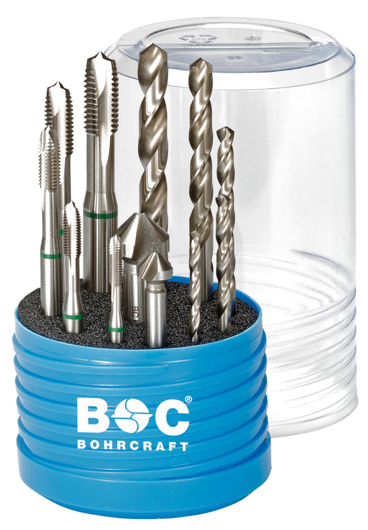Bohrcraft RG12 Grünring Maschinengewindebohrer-Set M3-M12 + Kernlochbohrer & Kegelsenker, 12-tlg. 41631430012